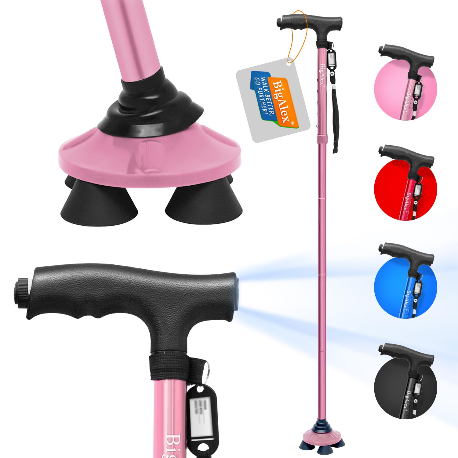 ビグアレクス(BigAlex)ステッキ 杖 自立伸縮折りたたみ杖 LED ライト 軽量 アルミ 長さ調整可能 高齢者 夜間散歩 歩行支援 収納袋付き 花火大会 ...