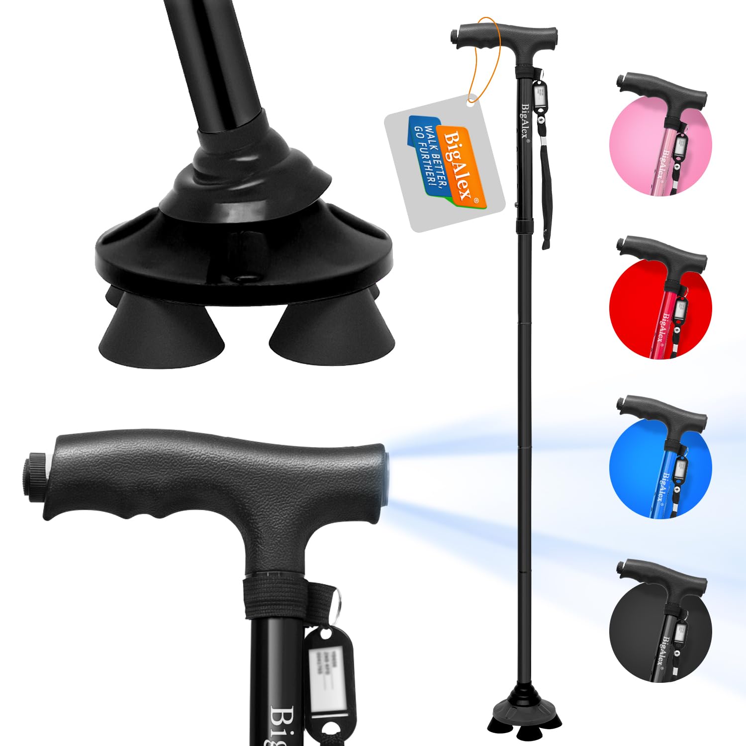 ビグアレクス(BigAlex)ステッキ 杖 自立伸縮折りたたみ杖 LED ライト 軽量 アルミ 長さ調整可能 高齢者 夜間散歩 歩行支援 収納袋付き 花火大会 ...