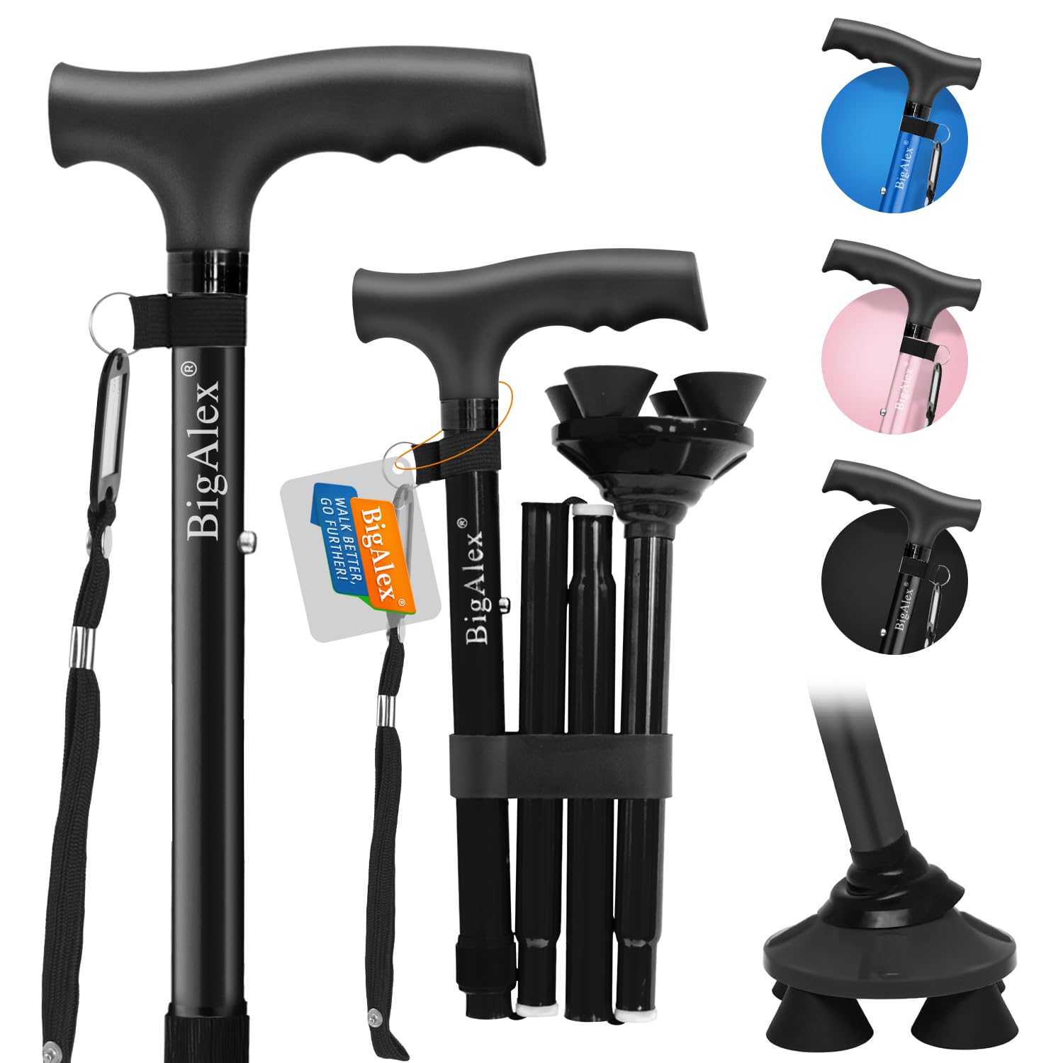 ビグアレクス(BigAlex)折りたたみ杖 ステッキ 自立杖 ブラック男性女性 5段階調節 おしゃれ 倒れない 高齢者 介護 軽量 アルミ 長さ調整可能 歩行支...