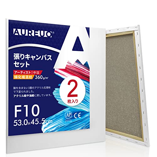 AUREUO 張りキャンバス セット F10 (53.0cmx45.5cm) 中目 綿化繊混紡 2枚 初心者 絵画用具 芸術絵創作 現代油絵 美術装飾 水彩画・...