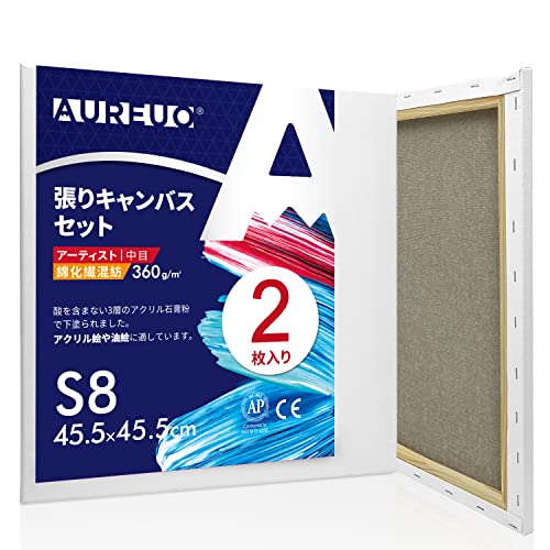 AUREUO 張りキャンバス セット S8 (45.5cmX45.5cm) 中目 綿化繊混紡 2枚 初心者 絵画用具 芸術絵創作 現代油絵 美術装飾 水彩画・油...