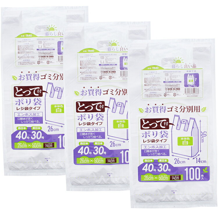 ハウスホールドジャパン レジ袋 とって付 お買い得 ゴミ分別用ポリ袋 100枚入 3個パック 白 約26×50×マチ14cm 計300枚 TR40