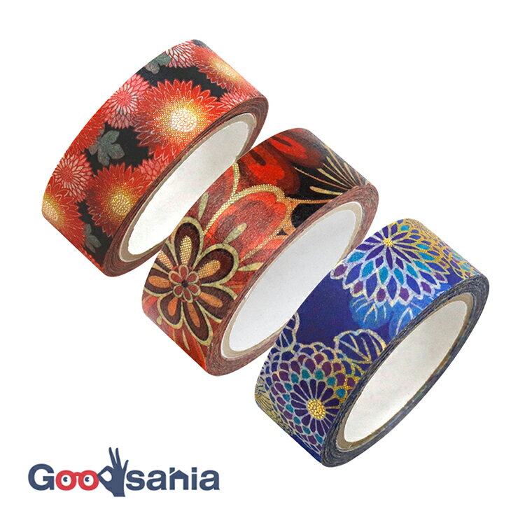 カミイソ産商 マスキングテープ kimono美 23 (寿菊・鮮菊・モダン菊×各1) 日本製 約15mm幅×3巻セット GR-0541 ( マステ セット 和 ...