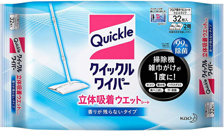 内容量32枚入商品説明文●いろんな汚れが1度にとれる立体吸着ウエットシート●洗浄液を含んだ立体構造のシートによりホコリ・髪の毛・ベタザラ・菌まで1度に拭きとれます。●掃除機をかけずに、いきなり使ってもOK！●99％除菌消臭 ※すべての菌を除菌するわけではありません●香りが残らないタイプ、新改良！●ウエット感長続き洗浄液キープ構造 ※メーカー従来品比●裏返すと洗浄液量がリセット！●高い髪の毛の捕集力、新開発の凸凹模様でしっかりからめとる！●約65万本のミクロ繊維＆独自の凸凹模様●使用の目安は、シート1枚(両面)で約15〜20畳です。●洗浄成分が適量出続けるので、床をいためずお掃除できます。●ザラザラした表面の場合はシート成分がしみこんだり、シートの繊維が抜けることがあります。目立たない所で試してからお使いください。●液性：弱アルカリ性●サイズ：約205mm*285mm注意事項・用途外に使わない。・シートは長時間置いておくと、乾燥して洗浄効果がなくなるので、1度袋から出したらすぐに使う。・クイックルワイパーに付けたまま、長時間直接床の上に置いたままにしない。床が変色することがある。・子供の手の届く所や火気の近く、日の当たる所及び高温になる所に置かない。・畳、水がしみ込む家具・壁紙は、目立たない所で、変色しないことを試してから使う。・砂粒や硬いごみが付着したシート面でふくと床を傷つける恐れがある。・使用後は手をよく水で洗う。・荒れ性の方や長時間使用する場合は、炊事用手袋を使う。【応急処置説明】・目に入った時は、こすらずすぐ流水で洗い流す。・皮ふについた時は水で洗い流す。成分・分量・シート材質：ポリエステル、レーヨン、アクリル、ポリプロピレン・成分：エタノール、界面活性剤(アルキルアミンオキシド)、除菌剤、香料　　使用方法※クイックルワイパーの柄がゆるんでいないことを確認してください。・袋表面のシールを真横にめくり、シートを1枚取り出してください。・シートの中央部にクイックルワイパーを置いて、ヘッドをつつみ込むよう、差し込み口(4ヶ所)に押し込んでとめてください。・クイックルワイパーは、なるべく片手で持って、床をふいてください。・こびりつき汚れやシミは、クイックルワイパーを使わず、シートで直接ふいてください。・使用中、床に液がつかなくても、シートにしめり気があれば汚れはとれます。【使えないもの】窓・鏡・水ぶきできないもの（水がしみこむ白木・家具・壁材等）・桐・うるし塗り・銅・しんちゅう製品・プラスチック製品・液晶画面・プラズマディスプレイの画面・天然石材　　商品区分雑貨　在庫/返品　　広告文責・販売業者株式会社大屋お問合せ先：0570-033939当店では、ギフトラッピング（熨斗対応を含む）はお受けすることができませんので、あらかじめご了承ください。リニューアルに伴い、パッケージ・内容等予告なく変更する場合がございます。予めご了承ください。