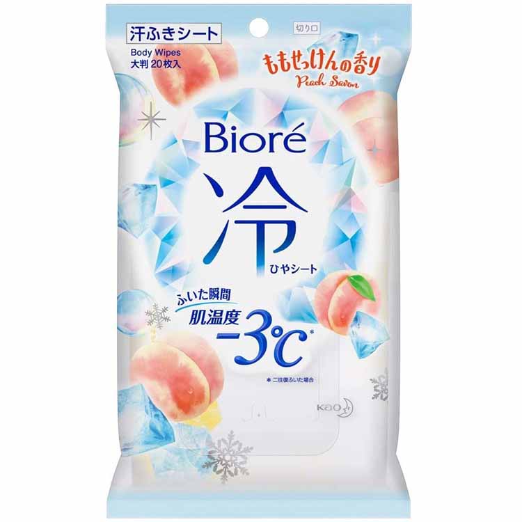 内容量20枚入商品説明文ベタつく汗・ニオイのもととなる皮脂汚れをすっきりふきとる！ふいた瞬間、肌温度−3℃（※）。※二往復ふいた場合。冷却ウォーターたっぷりひたひたでふいた瞬間から熱を逃がします。メントール配合でひんやり感が続きます。やぶれにくい厚手の大判シートだから1枚で全身ふける！天然コットンでやさしい肌触り。ヒアルロン酸配合。ももせっけんの香り。注意事項・メントールの冷感刺激に弱い方、アルコール過敏症の方、特に肌の弱い方、乳幼児は使わない。・傷、はれもの、湿疹等異常のあるところ、顔、粘膜、除毛直後には使わない。・肌に異常が生じていないかよく注意して使う。肌に合わない時、使用中に赤み、はれ、かゆみ、刺激、色抜け(白斑等)や黒ずみ等の異常が出た時、直射日光があたって同様の異常が出た時は使用を中止し、皮フ科医へ相談する。使い続けると症状が悪化することがある。・目に入った時は、すぐに充分洗い流す。・シートは水に溶けないので、トイレ等に流さない。・家具、床、電気製品等をふかない。・高温の場所、直射日光のあたる場所には置かない。・使用後はシールの接着面のシワを伸ばしてから、シールをきちんと閉めてください。・乾燥による品質の劣化を防ぐため、開封後はなるべくお早めにお使いください。・液がたっぷりなので、カバンの中などで強く押されると、液がしみ出る場合があります。　　　　　　　　在庫/返品　　広告文責・販売業者株式会社大屋お問合せ先：0570-033939当店では、ギフトラッピング（熨斗対応を含む）はお受けすることができませんので、あらかじめご了承ください。リニューアルに伴い、パッケージ・内容等予告なく変更する場合がございます。予めご了承ください。