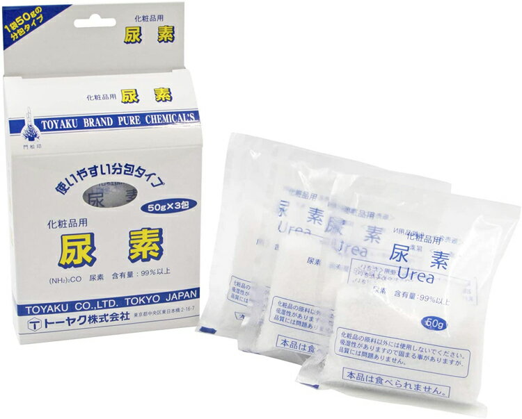 内容量50g×3商品説明文●無色無臭の結晶で、やや吸湿性があります。●水溶液は弱アルカリ性です。●50gの分包タイプで取扱が簡単です。●入浴剤としてもお使いになれます。注意事項・同封の「美肌水の作り方」レシピを参考ください。・必ず薄めてお使いください。・お肌に合わないときはすぐにご使用を注意し、皮膚科専門医にご相談ください。・傷、湿疹、腫れ物等お肌に異常があるところにはご使用にならないでください。・直射日光に当たるお肌に直接つけますと、まれにかぶれたりシミになることがありますのでご注意ください。・目に入ったときは、直ちに洗い流してください。痛みがあり痛みが引かないときは、眼科専門医にご相談ください。・乳幼児の手の届かないところに保管してください。・極端に高温または低温の場所、直射日光があたる場所に保管しないでください。・化粧品の原料以外には使用しないでください。・吸湿性がありますので固まる事がありますが、品質に問題ありません。成分・分量尿素　　　　原産国日本商品区分化粧品　在庫/返品メーカー名（製造）トーヤク株式会社03-5687-1089販売会社トーヤク株式会社広告文責・販売業者株式会社大屋お問合せ先：0570-033939当店では、ギフトラッピング（熨斗対応を含む）はお受けすることができませんので、あらかじめご了承ください。リニューアルに伴い、パッケージ・内容等予告なく変更する場合がございます。予めご了承ください。