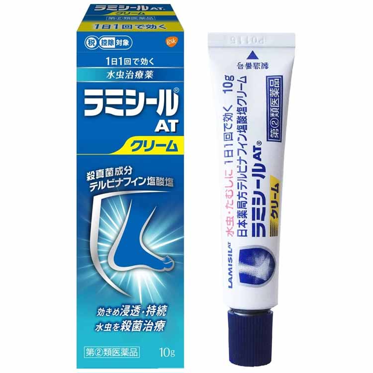 ★セルフメディケーション税制対応商品です。サイズ10g商品説明文水虫・たむしは白癬菌《水虫菌》というカビ(真菌)が皮ふ表面にある角質層に感染・寄生しておきる皮ふ病です。ラミシールAT クリームは、殺真菌成分テルビナフィン塩酸塩を配合する水虫・たむし治療薬です。●有効成分である「テルビナフィン塩酸塩」の優れた殺真菌作用と角質層への浸透力は、1日1回の塗布で薬剤が患部に留まり、かゆみや痛みなどを引き起こす水虫・たむしに持続的に効果を発揮し、症状を治していきます。●べとつかない、サラッとした使いごこちのよいクリームです。びらん(ジュクジュク)型の患部にお勧めします。使用上の注意■■してはいけないこと■■(守らないと現在の症状が悪化したり、副作用が起こりやすくなります)1.次の人は使用しないでください本剤又は本剤の成分によりアレルギー症状(例えば、発疹・発赤、かゆみ、はれ等)を起こしたことがある人2.次の部位には使用しないでください(1)目や目の周囲、粘膜(例えば、口腔、鼻腔、膣等)、陰のう、外陰部等(2)湿疹(3)湿潤、ただれ、亀裂や外傷のひどい患部■■相談すること■■1.次の人は使用前に医師、薬剤師又は登録販売者に相談してください(1)医師の治療を受けている人(2)妊婦又は妊娠している可能性のある人(3)乳幼児(4)薬などによりアレルギー症状を起こしたことがある人(5)患部が顔面又は広範囲の人(6)患部が化膿している人(7)「湿疹」か「みずむし、いんきんたむし、ぜにたむし」かがはっきりしない人(陰のうにかゆみ・ただれ等の症状がある場合は、湿疹等他の原因による場合が多い。)2.使用後、次の症状があらわれた場合は副作用の可能性があるので、直ちに使用を中止し、この説明文書を持って医師、薬剤師又は登録販売者に相談してください関係部位・・・症状皮ふ・・・かぶれ、刺激感、熱感、鱗屑・落屑(フケ、アカのような皮ふのはがれ)、ただれ、乾燥・つっぱり感、皮ふの亀裂、いたみ、色素沈着、発疹・発赤*、かゆみ*、はれ*、じんましん**:全身に発現することがあります。3.2週間位使用しても症状が良くならない場合や、本剤の使用により症状が悪化した場合は使用を中止し、この説明文書を持って医師、薬剤師又は登録販売者に相談してください成分・分量1g中成分・・・分量テルビナフィン塩酸塩・・・10mg添加物:セタノール、ステアリルアルコール、パルミチン酸セチル、ミリスチン酸イソプロピル、モノステアリン酸ソルビタン、ポリソルベート60、ベンジルアルコール、pH調節剤効能・効果みずむし、いんきんたむし、ぜにたむし用法・用量1日1回、適量を患部に塗布してください。[用法・用量に関する注意]1.定められた用法を厳守してください。2.患部やその周囲が汚れたまま使用しないでください。3.本剤のついた手で、目や粘膜にふれないでください。4.目に入らないように注意してください。万一、目に入った場合には、すぐに水又はぬるま湯で洗い、直ちに眼科医の診療を受けてください。5.小児に使用させる場合には、保護者の指導監督のもとに使用させてください。6.外用にのみ使用してください。保管及び取扱いの注意1.直射日光の当たらない涼しい所に密栓して保管してください。2.小児の手の届かない所に保管してください。3.他の容器に入れ替えないでください(誤用の原因になったり、品質が変わることがあります。)。4.使用期限をすぎた製品は使用しないでください。また、開封後は使用期限内であってもなるべく速やかに使用してください。[その他の添付文書記載内容]《チューブの穴の開け方》キャップを逆さにして、突起部をチューブの先に強く押し当てて開けてください。水虫治療のアドバイス水虫・たむしの原因である白癬菌《水虫菌》は、症状があらわれている範囲より広く寄生していることが多いので、薬剤を広めに塗布することをお勧めします。また、以下のことに留意して使用してください。1.根気よく継続治療する●かゆみなどの症状がなくなった後も、約1ヵ月間は、根気よく治療を続けてください。2.患部を清潔にする●白癬菌の増殖を抑え、二次感染を防ぐため、患部をよく洗い清潔に保ってください。●薬剤を塗布した後、患部にふれた手や指もしっかり洗ってください。3.患部の乾燥に心がける●白癬菌はじめじめした環境を好みます。入浴あとや、スポーツなどで汗をかいたあとはしっかり患部を乾燥させてください。●通気性の悪い靴・靴下はなるべく避け、患部を乾燥させるよう心がけてください。4.履き物なども清潔に●靴、靴下、スリッパ、浴室のマットなども清潔に保ち、感染に注意してください。●靴のむれは水虫の温床になります。数足を毎日順番にはきかえるよう心がけてください。原産国日本商品区分第(2)類医薬品使用期限使用期限まで半年以上あるものをお送りします在庫/返品メーカー名（製造）グラクソ・スミスクライン・コンシューマー・ヘルスケア・ジャパン株式会社販売会社グラクソ・スミスクライン・コンシューマー・ヘルスケア・ジャパン株式会社TEL 03-4231-5000広告文責・販売業者株式会社大屋お問合せ先：0570-033939当店では、ギフトラッピング（熨斗対応を含む）はお受けすることができませんので、あらかじめご了承ください。リニューアルに伴い、パッケージ・内容等予告なく変更する場合がございます。予めご了承ください。「医薬品販売に関する記載事項」（必須記載事項）はこちら★セルフメディケーション税制対応商品です。