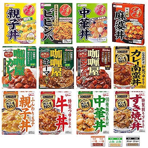 ◆商品名：どんぶり亭 金のどんぶり カリー屋カレー 12食 詰め合わせ セット +薬味セット付 カリー屋カレー：中辛、キーマ、コクデミの3種類 ×各1個 どんぶり亭：すき焼き丼、中華丼、牛丼、親子丼、カレー南蛮丼の5種類 ×各1個 金のどんぶり：親子丼、中華丼、ビビンパ、麻婆丼の4種類 ×各1個 +薬味付き（一味、コショー、山椒）各1 ■金のどんぶり 親子丼 独自製法のたまごで鶏肉とたまねぎをとじた親子丼です。温めてご飯にのせるだけで手軽にお召し上がり頂けます。 ■金のどんぶり 本場韓国産コチュジャン ビビンパ 本場韓国産コチュジャンをきかせたこだわりの一品です。にんじん・たけのこ・もやし・わらび・きくらげの5種の具材で、見た目も食感も満足感の高いビビンパのもとです。 ■金のどんぶり 四川風麻婆丼 豆板醤・甜麺醤・豆鼓醤に粗挽きと粉末の2種の山椒を合わせた、辛さと香りを味わう麻婆丼のもとです。粗挽き山椒のジャリッとした食感が辛さと香りを引き立てます ■金のどんぶり 中華丼 5種類の野菜とうずらの卵を醤油ベースのあんでつつみこみました。 〇??屋カレー 中辛-辛味順位3 オリジナルにブレンドした29種類のスパイス、野菜、ブイヨンをじっくり煮込んだコクのあるビーフカレーです。 〇??屋コクデミカレー-辛味順位3 29種類のスパイスの香りと、デミグラスソースの濃厚なコクが溶け込んだ、奥深い味わいのビーフカレーです。 〇??屋キーマカレー-辛味順位3 29種類のスパイスと鶏ひき肉を煮込み、きざみしょうがで仕上げた香り高くコクのあるキーマカレーです。 ・牛丼 北海道産真昆布の旨みを加えた特製つゆで、柔らく煮込んだ牛肉・たまねぎ・しらたきのおいしさが楽しめる、こだわりの牛丼の素です。 ・親子丼 かつおと昆布のだしの旨みと、ふんわりとした玉子のおいしさをご賞味ください。 ・すき焼き丼 牛肉や焼き豆腐などの8種の具材と、特製割り下で仕上げた濃厚な旨みをご賞味ください。 ・中華丼 XO醤のコク深く、すっきりとした後口のあんに仕上げました。10種類の具材のおいしさをご賞味ください。 ・カレー南蛮丼 お蕎麦屋さんで提供されるような和風だしの旨みがきいたカレーあんに、鶏肉やねぎなどの具材を使用した本格的な味と食べ応えが楽しめるどんぶりご飯の素。