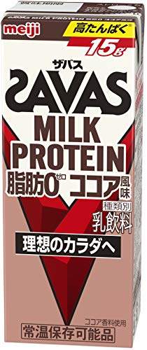 ◆商品名：【ケース販売】明治 ザバス(SAVAS) ミルクプロテイン 脂肪 0 ココア風味 200ml×24本入 特徴:ミルクプロテインを手軽に摂取。カラダづくりに有効なミルクプロテインを15g配合し、運動後に摂取することで理想のカラダづくりをサポートします。 プロテイン種類:ミルクプロテイン(乳たんぱく質) 内容量:200ml×24本 カロリー:1本(200ml):102kcal 原材料:乳製品、乳たんぱく質/カカオ色素、香料、甘味料(アセスルファムK、スクラロース)、ビタミンE、ビタミンB6 原産国:日本 商品サイズ (幅×奥行×高さ) :47 mm× 38mm × 119.3mm 商品紹介カラダづくりに有効なミルクプロテインを粉末タイプのザバス1食分と同じ15g配合し、独自の速攻吸収製法で吸収速度を高めました。運動後はもちろん、忙しい朝やランチのお供に手軽に飲んでいただけます。常温で保管もできる「(ザバス)MILK PROTEIN(ミルクプロテイン)脂肪0 」で手軽に毎日たんぱく質をとってみませんか。商品につきまして問題がございましたら、お手数ですが下記までご連絡いただきますようお願いいたします。「株式会社 明治 お客様相談センター」 フリーダイヤル: 0120-858-660受付時間:9:00~17:00(土日祝日、年末年始除く)原材料・成分【原材料】 乳製品、乳たんぱく質／カカオ色素、香料、甘味料（アセスルファムK、スクラロース）、ビタミンE、ビタミンB6 【栄養成分】1本(200ml)当たり:エネルギー(102kcal)、たんぱく質(15.0g)、脂質(0g)、炭水化物(10.5g)、食塩相当量(0.24g)、カルシウム(447mg)、ビタミンB6(0.65mg)使用方法運動後 、おやつ・間食ご注意（免責）＞必ずお読みください新発売商品続きを見る