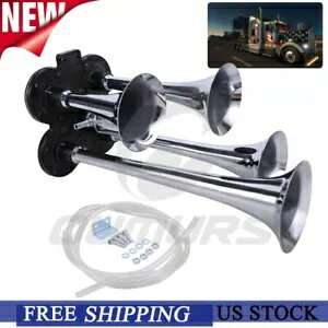 電車エアホーンキット 4 トランペットクロームメッキトラック車 SUV 大音量 150DB Train Air Horn Kit ..