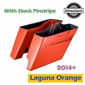 シングルカットアウト ラグナ オレンジ ストレッチ サドルバッグ ピンストライプ ハーレー 2014+ に適合 Single Cutout Laguna Orange Stretched Saddlebag Pinstripes Fits Harley 2014+