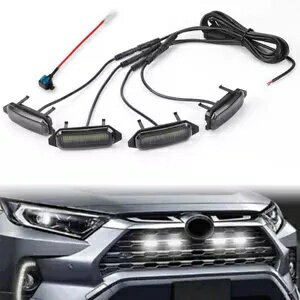 4 個スモークレンズフロントグリルホワイト LED ライトキットトヨタ RAV4 2019-2022 に適合 4Pcs Smoked Lens Front Grille White LED Lights Kit Fit For Toyota RAV4 2019-2022