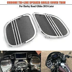 クロームトリラインスピーカーグリルカバートリムハーレーロードグライドCVOウルトラFLTRUSE用 Chrome Tri-Line Speaker Grill Cover Trim For Harley Road Glide CVO Ultra FLTRUSE