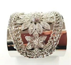 エクストラワイドシルバーチェーンとフラワーデザインスパークルクリアクリスタルカフブレスレット Ext..