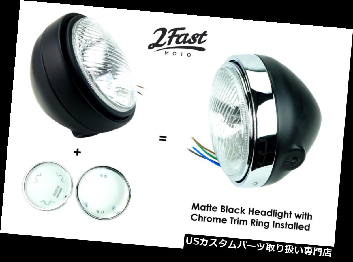 USヘッドライト 2FastMoto 5-3 / 4 "12Vサイドマウントマットブラックヘッドライトとクロームトリムリングセット 2FastMoto 5-3/4" 12V Side Mount Matte Black Headlight and Chrome Trim Ring Set