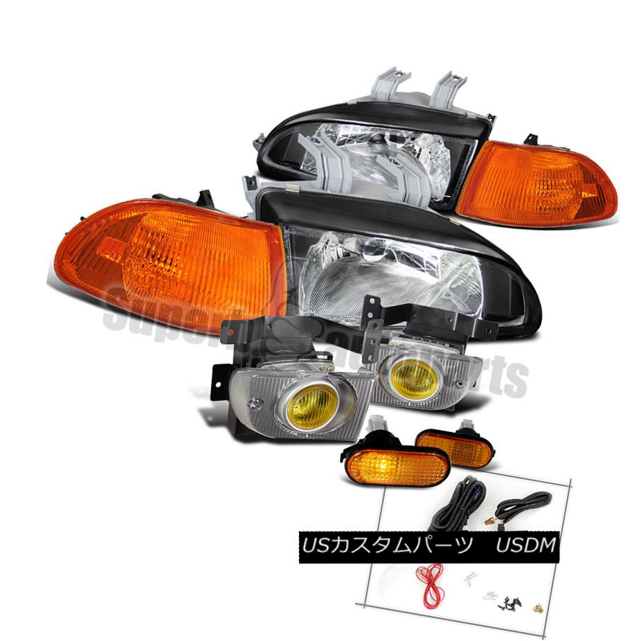 ヘッドライト For 92-95 Civic 4D Black Head Lights+Amber Corner Lamp+Smoke Fog+Flat Side Maker 92-95シビック4Dブラックヘッドライト+アンバーコーナーランプ+スモークフォグ+フラットサイドメーカー