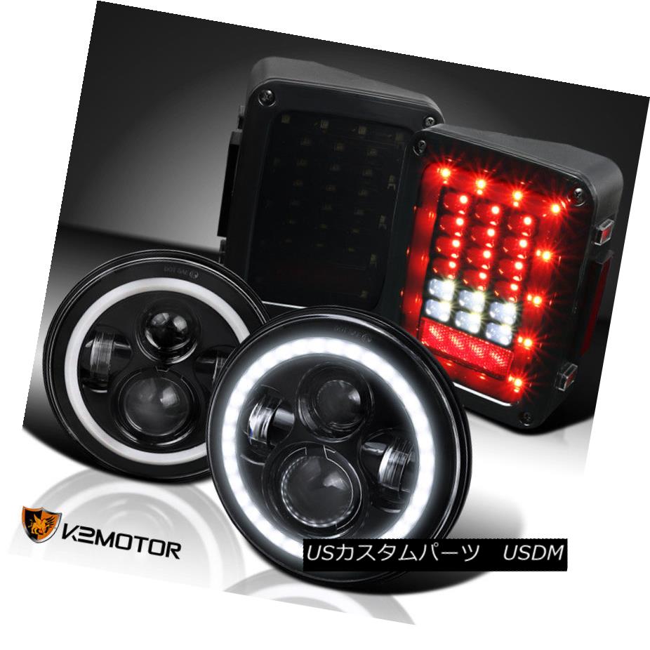 ヘッドライト 2007-2017 Wrangler 7" Black Halo LED Projector Headlights+Smoke LED Taillights 2007..