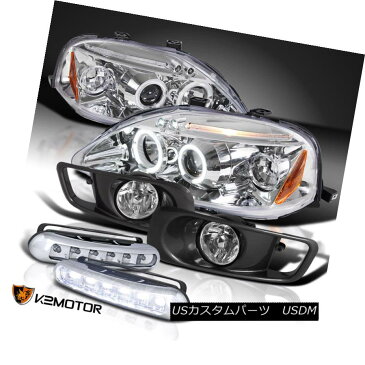 ヘッドライト For 99-00 Civic Chrome Halo LED Projector Headlight+LED DRL+Clear Fog Lamp Kit 99-00 Civic Chrome Halo LEDプロジェクターヘッドライト+ LED DRL +クリアフォグランプキット