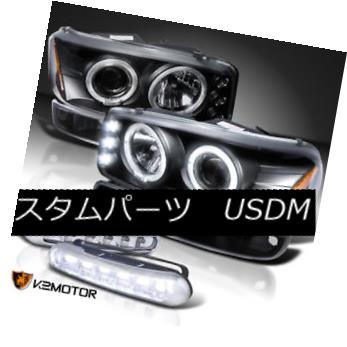 ヘッドライト 00-06 Yukon Black Halo Projector Headlights+Parking+Bumper Fog LED Lamps 00-06ユーコンブラックハロープロジェクターヘッドライト+パー キング+バンパーフォグLEDランプ