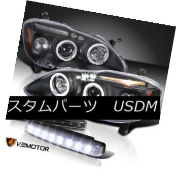 ヘッドライト Fit 03-08 Corolla LED DRL Halo Projector Headlights Black+8-LED DRL Fog Lamps フィット03-08カローラLED DRLハロープロジェクターヘッドライトブラック+ 8-LED DRLフォグランプ