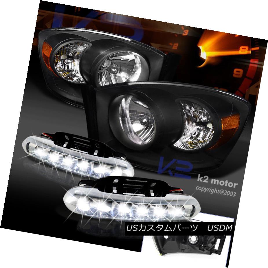 ヘッドライト Black 06-08 Dodge Ram Diamond Headlights w/O Amber Bar+DRL LED Fog Lamps ブラック06-08ダッジラムダイヤモンドヘッドライト（オレンジバー+ DRL LEDフォグランプ付）