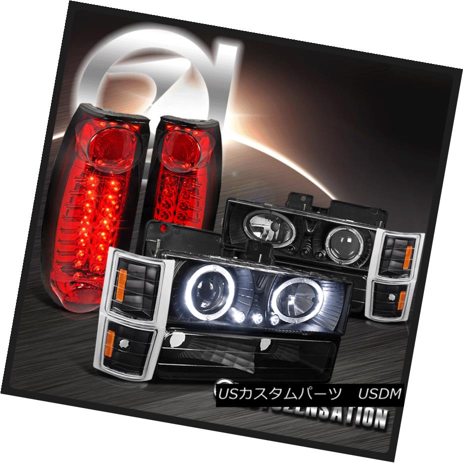 ヘッドライト 94-98 Chevy C10 C/K Tahoe Black Halo Projector Headlights+Red LED Tail Lamps 94-98シボレーC10 C / Kタホブラックハロープロジェクターヘッドライト+レッドLEDテールランプ(2)