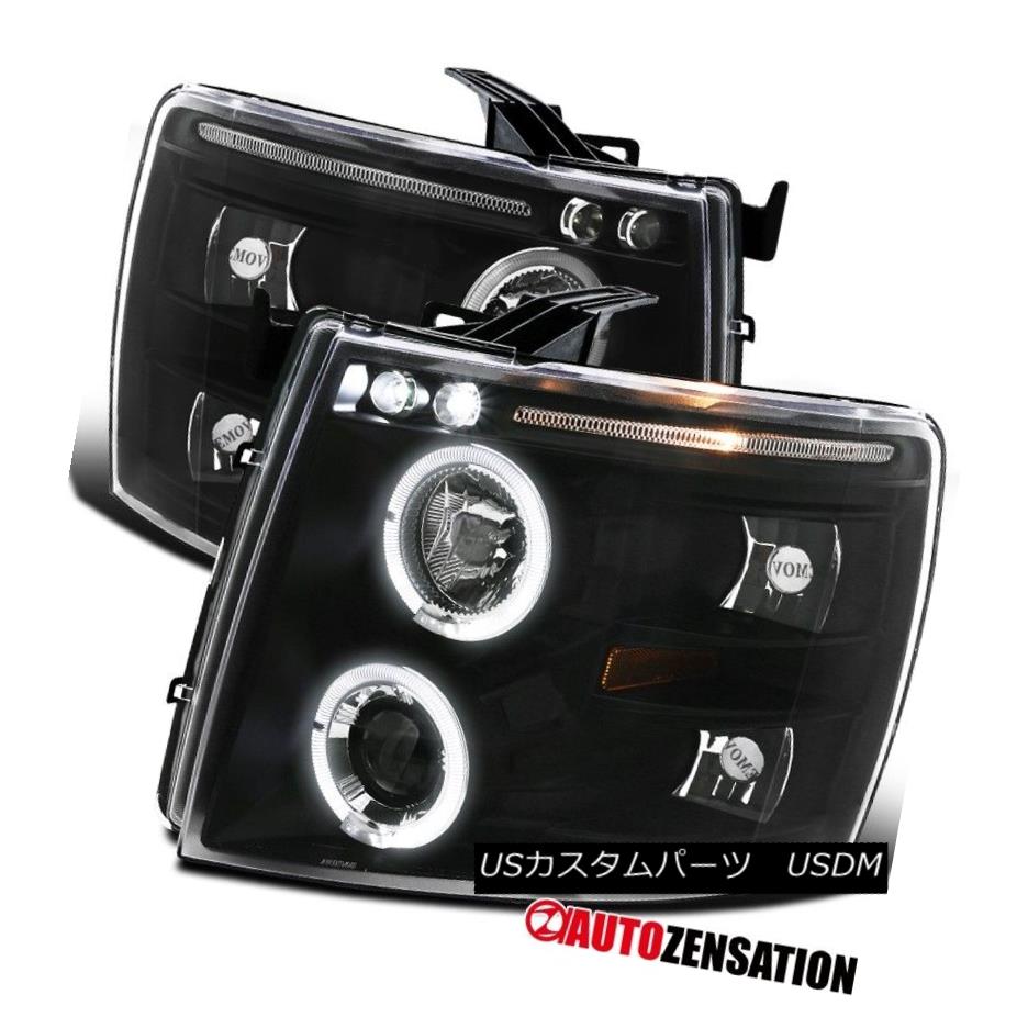 ヘッドライト 07-14 Chevy Silverado Black LED DRL Halo Projector Headlights 07-14シボレーシルバラードブラックLED DRLハロープロジェクターヘッドライト