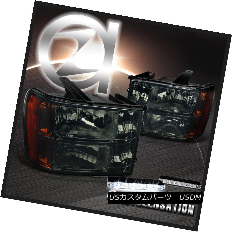 ヘッドライト 07-13 Sierra 1500 2500 3500HD Denali Hybrid Smoke Headlights+6-LED DRL Lamps 07-13 ..