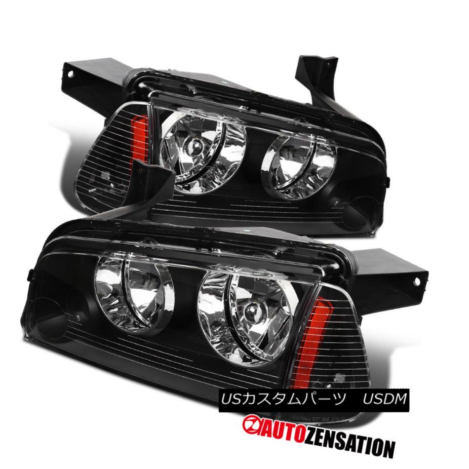 ヘッドライト 06-10 Dodge Charger Black Clear Headlights+Corner Lamps w/ Amber Reflector Pair 06-10ダッジチャージャブラッククリアヘッドライト+オレンジランプ/アンバー反射鏡ペア