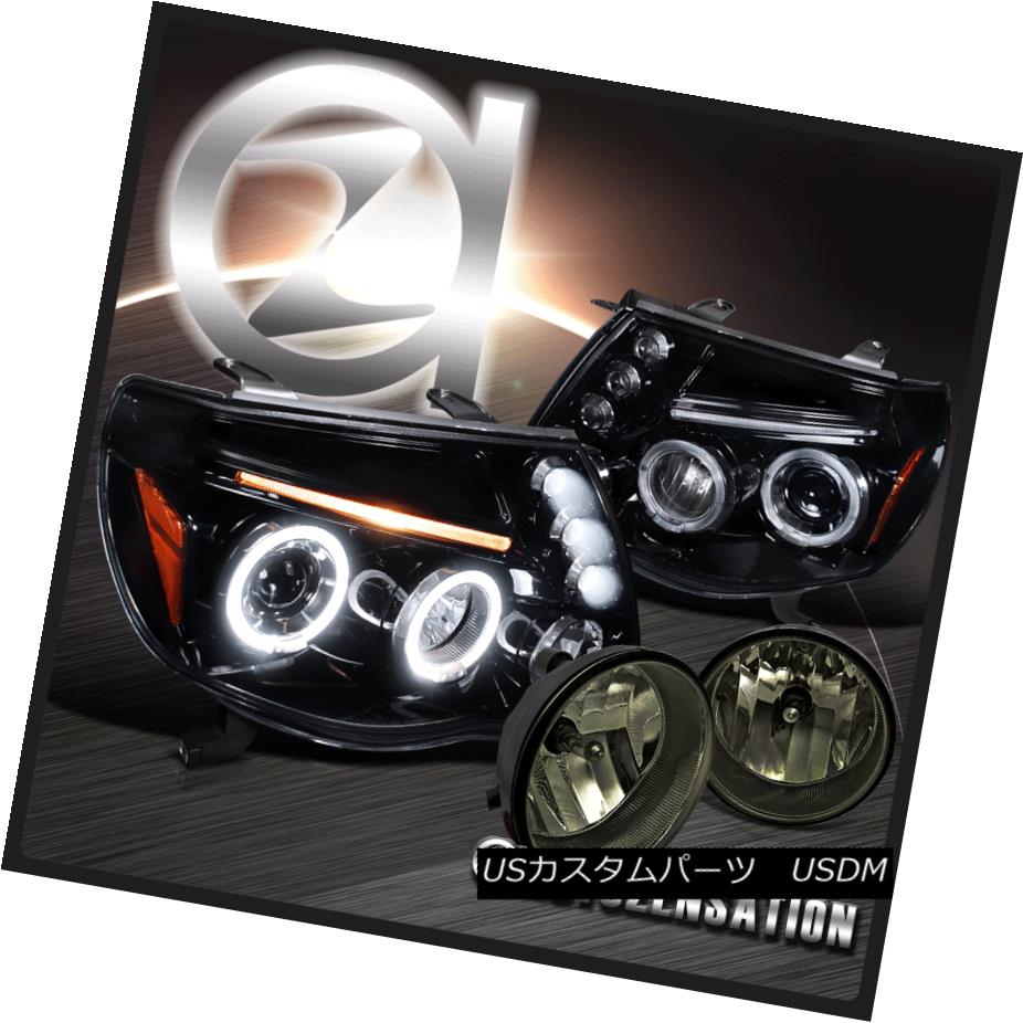 ヘッドライト For 05-11 Tacoma Glossy Black LED Halo Projector Headlights+Smoke Fog Lamps 05-11タコマグロッシーブラックLEDハロープロジェクターヘッドライト+スモール用 keフォグランプ