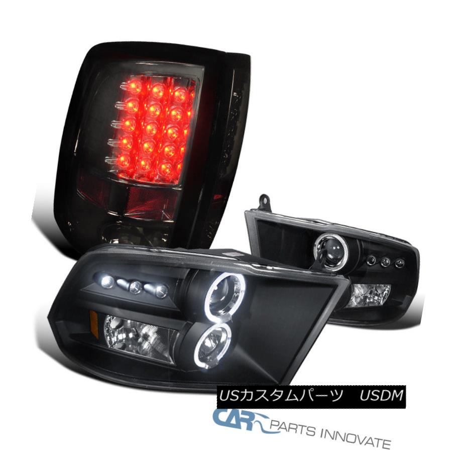 ヘッドライト Dodge 09-17 Ram Pickup Black Halo Projector Headlights+Smoke Lens LED Tail Lamps ドッジ09-17ラムピックアップブラックハロープロジェクターヘッドライト+スモール レンズLEDテールランプ