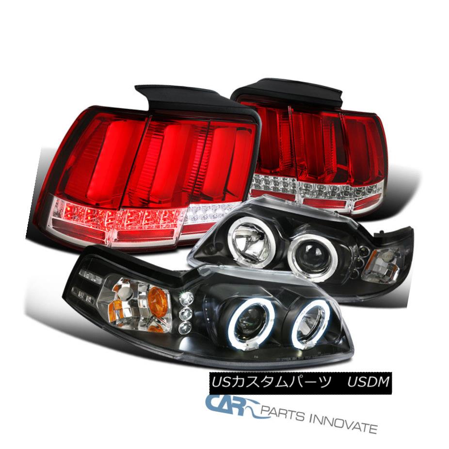 ヘッドライト Ford 99-04 Mustang Black Halo Projector Headlights+Red LED Sequential Tail Lamps フォード99-04ムスタングブラックハロープロジェクターヘッドライト+赤色LEDシーケンシャルテールランプ