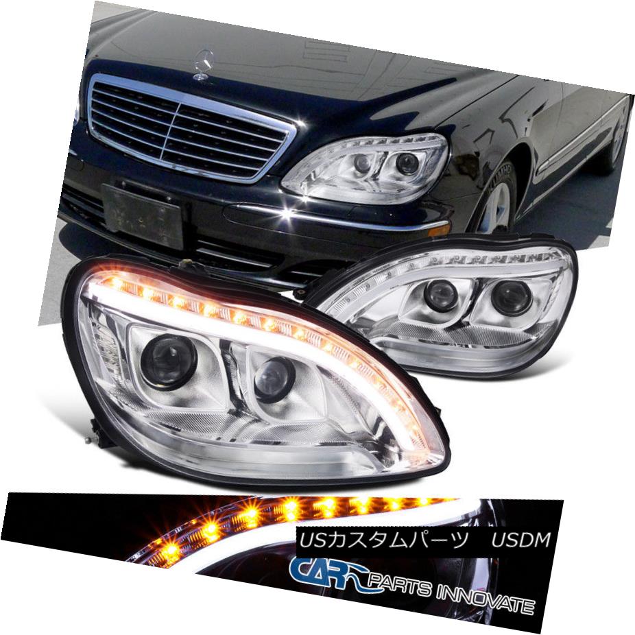 ヘッドライト 98-06 Benz W220 S320 S420 Chrome Dual Projector Headlights+LED Signal DRL Strip 98-06ベンツW220 S320 S420クロームデュアルプロジェクターヘッドライト+ LED信号DRLストリップ