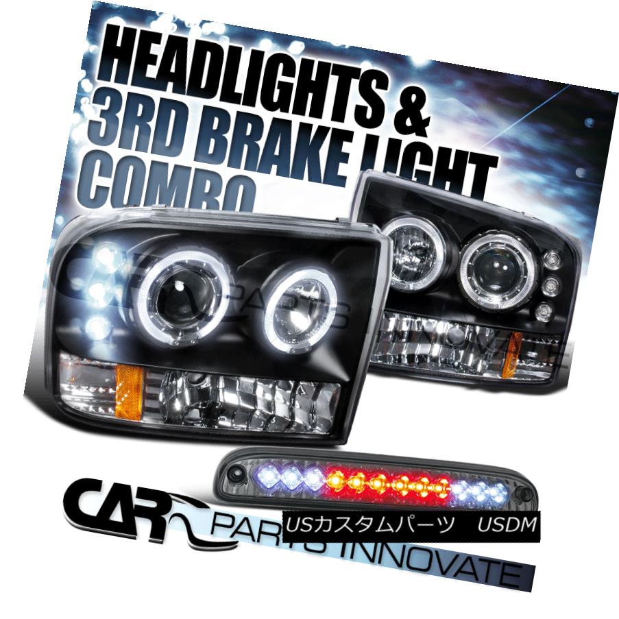 ヘッドライト 99-04 Ford Super Duty Black Halo Projector Headlights+Smoke LED 3rd Brake Lamp 99-04フォードスーパーデューティーブラックハロープロジェクターヘッドライト+スモーキー ke LED第3ブレーキランプ
