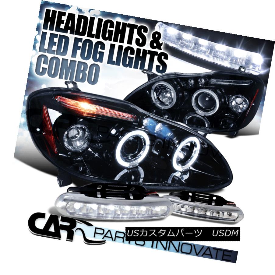 ヘッドライト Glossy Black For 03-08 Toyota Corolla Halo Projector Headlights+LED Fog DRL 光沢ブラック03-08トヨタカローラヘイロープロジェクターヘッドライト+ LEDフォグDRL