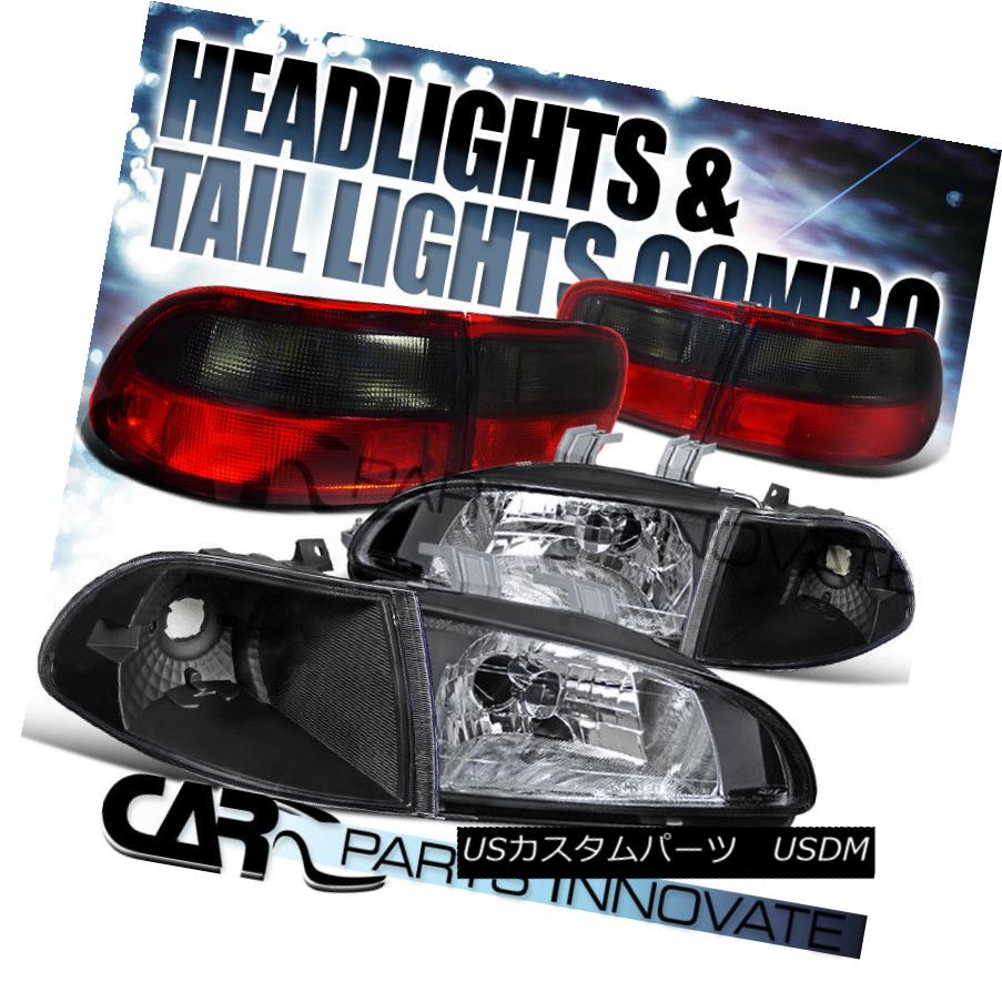 ヘッドライト For 92-95 Honda Civic 4Dr Sedan Black Headlight+Corner Lamp+Red Smoke Tail Light 92-95ホンダシビック4Drセダンブラックヘッドライト+トウモロコシ erランプ+赤煙テールライト