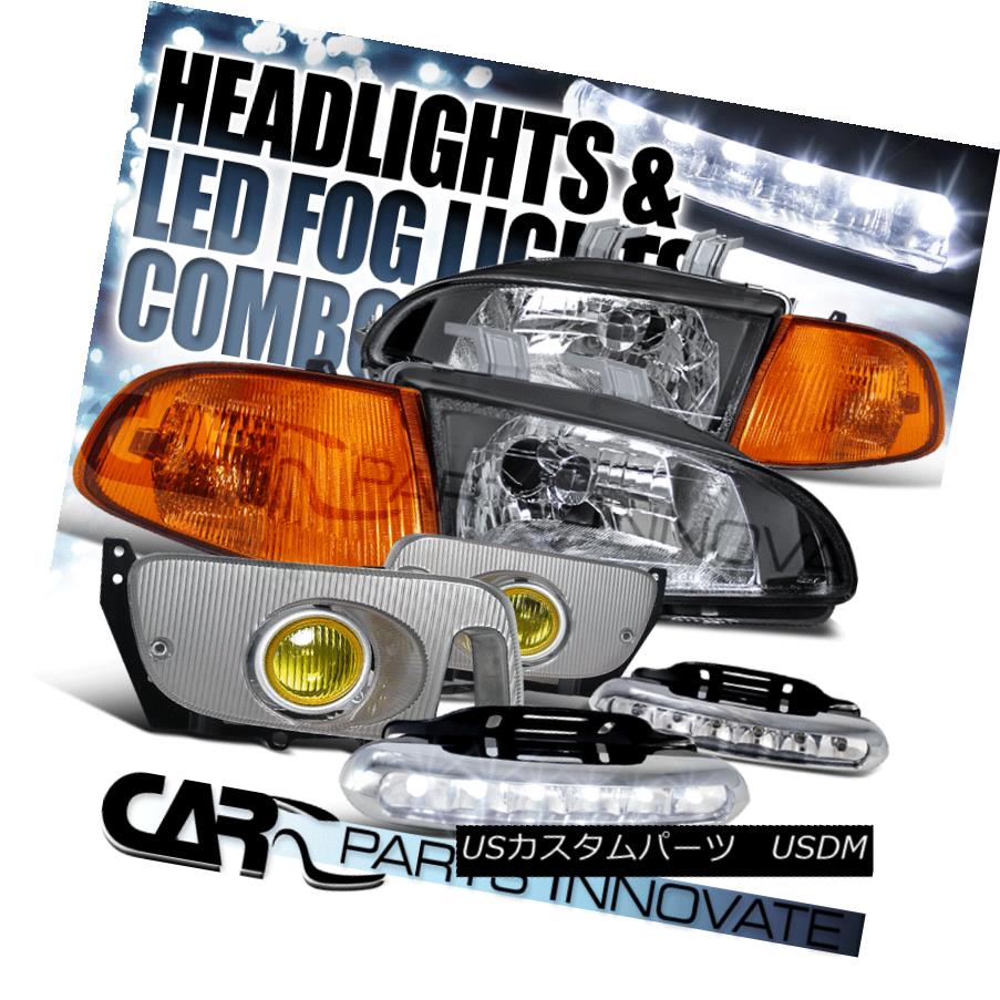 ヘッドライト For 92-95 Civic 2/3Dr Black Headlight+Amber Corner Lamp+Yellow Fog Light+LED DRL 92-95シビック2 / 3Drブラックヘッドライト+アベニュー rコーナーランプ+イエローフォグライト+ LED DRL