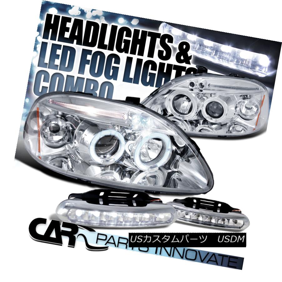 ヘッドライト For 96-98 Civic Chrome Halo LED Projector Headlights+6-LED DRL Fog Bumper Lamps 96-98 Civic Chrome Halo LEDプロジェクターヘッドライト+ 6-L ED DRLフォグバンパーランプ