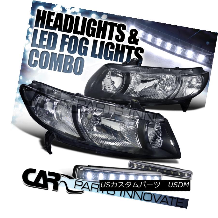 ヘッドライト Fit 06-11 Honda Civic 2Dr Coupe Black Crystal Headlights+8-LED Bumper Fog Lamps フィット06-11ホンダシビック2Drクーペブラッククリスタルヘッドライト+ 8-L EDバンパーフォグランプ