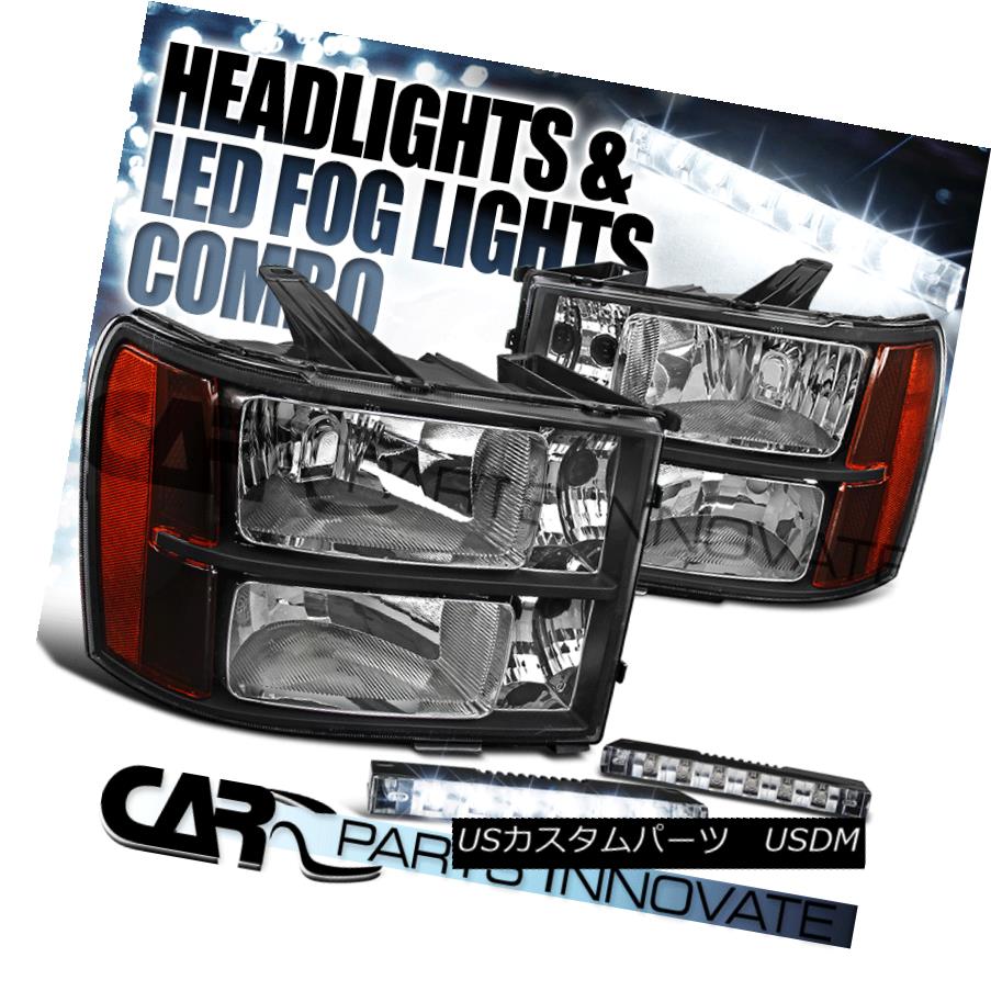 ヘッドライト 2007-2013 GMC Sierra Amber Black Replacement Headlights+6-LED Fog DRL 2007-2013 GMC Sierraアンバーブラック交換ヘッドライト+ 6-L ED Fog DRL