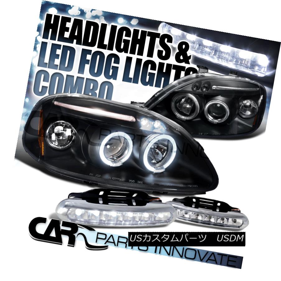 ヘッドライト Fit 96-98 Civic Black Halo LED Projector Headlights+6-LED DRL Fog Bumper Lamps フィット96-98シビックブラックハローLEDプロジェクターヘッドライト+ 6-L ED DRLフォグバンパーランプ