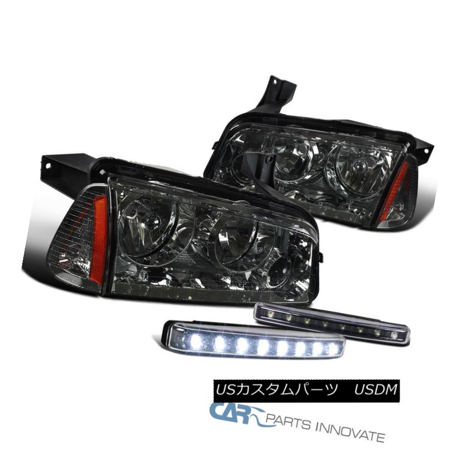 ヘッドライト Dodge 06-10 Charger Smoke Headlights +Corner Lamps+Black 8-LED DRL Fog Lights ドッジ06-10充電器の煙のヘッドライト+コーナーランプ+ブラック8 LED DRLフォグライト