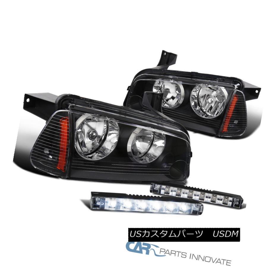 ヘッドライト 06-10 Dodge Charger Black Headlights+Amber Corner Lamps+Slim 6-LED Fog Lights 06-10ダッジチャージャーブラックヘッドライト+アンバー コーナーランプ+スリムな6-LEDフォグライト