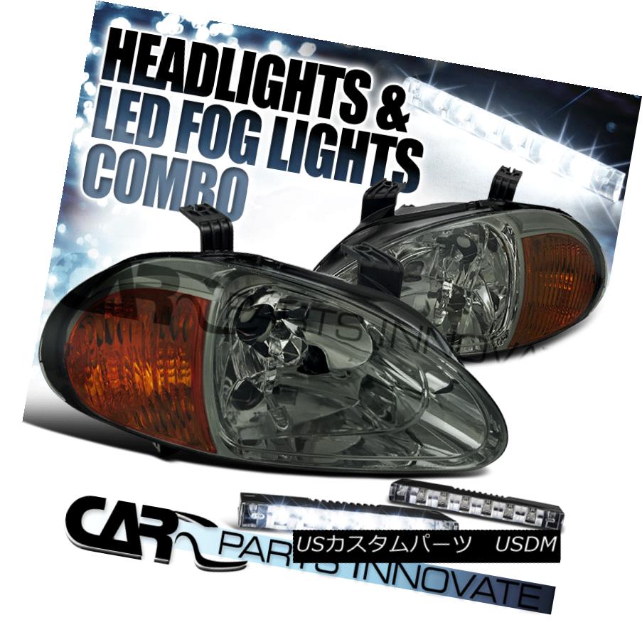 ヘッドライト For 93-97 Honda del Sol JDM Smoke Lens Headlights+6-LED Fog DRL Bumper Lamps 93-97ホンダデルソルJDMスモークレンズヘッドライト+ 6-L EDフォグDRLバンパーランプ