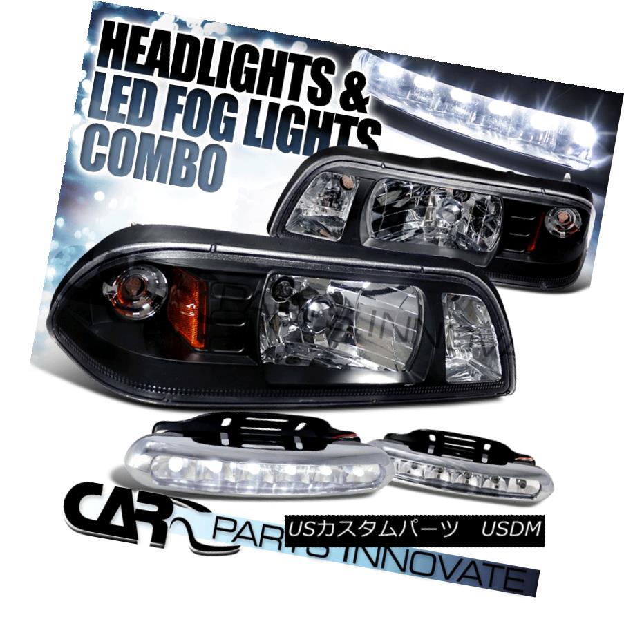 ヘッドライト Ford 87-93 Mustang Crystal Black 1-Piece Style Headlights+6-LED Fog Lamps フォード87-93ムスタングクリスタルブラック1ピーススタイルヘッドライト+ 6-L EDフォグランプ