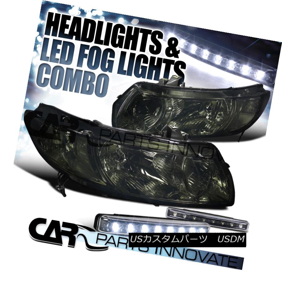 ヘッドライト For 06-11 Honda Civic 2Dr Coupe Smoke Crystal Headlights+8-LED Bumper Fog Lamps 06-11ホンダシビック2Drクーペスモーククリスタルヘッドライト+ 8-L EDバンパーフォグランプ