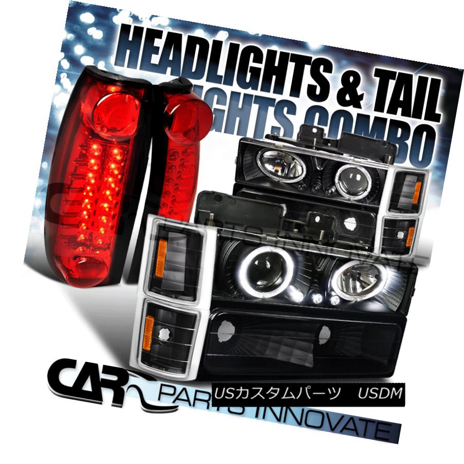ヘッドライト 94-98 Chevy C10 C/K Tahoe Black Halo Projector Headlights+Red LED Tail Lamps 94-98シボレーC10 C / Kタホブラックハロープロジェクターヘッドライト+レッドLEDテールランプ