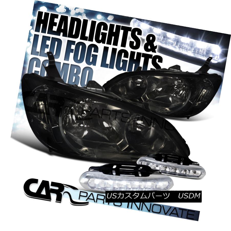 ヘッドライト For Honda 04-05 Civic 2/4Dr JDM Crystal Smoke Tint Headlights+6-LED Fog Lamps ホンダ用04-05シビック2 / 4Dr JDMクリスタルスモークティントヘッドライト+ 6-L EDフォグランプ