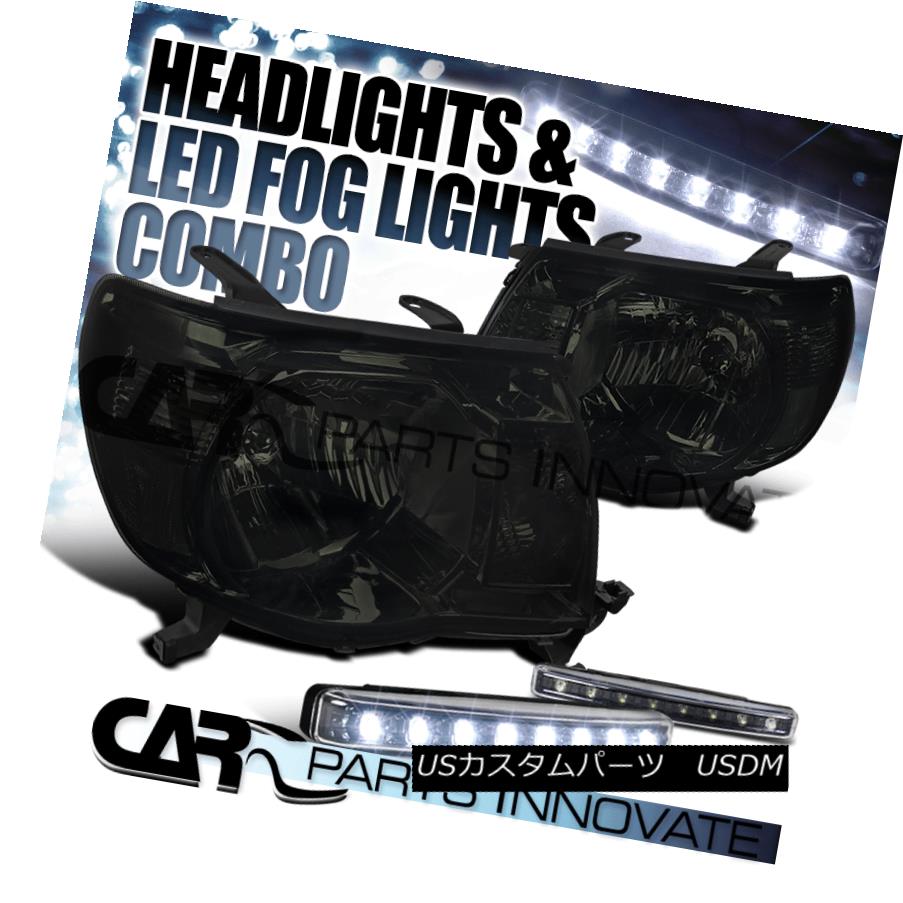 ヘッドライト For 05-11 Toyota Tacoma Pickup Smoke Head Lights+Black 8-LED Bumper Fog Lamps 05-11トヨタタコマピックアップスモークヘッドライト+ブラック8 LEDバンパーフォグランプ