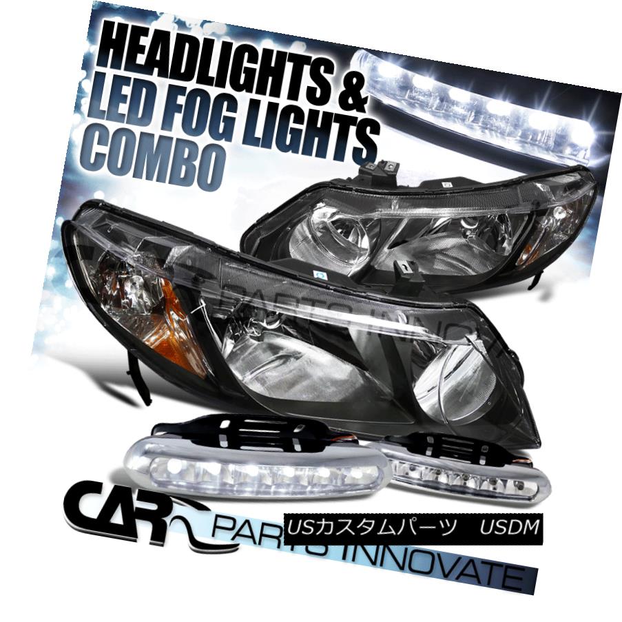 ヘッドライト Fit 06-11 Civic Sedan 4Dr Si EX LX DX GX Black Head Light Lamp+LED Fog DRL フィット06-11シビックセダン4Dr Si EX LX DX GXブラックヘッドライトランプ+ LEDフォグDRL
